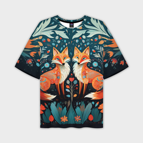 Мужская футболка oversize 3D с принтом Две лисички в стиле фолк арт в Екатеринбурге,  |  | 