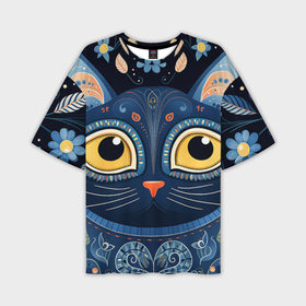 Мужская футболка oversize 3D с принтом Синий котик в фолк арт стиле в Тюмени,  |  | 