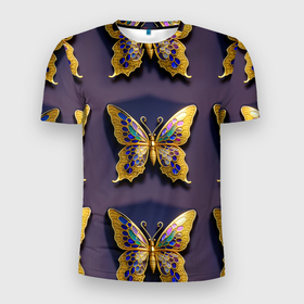 Мужская футболка 3D Slim с принтом Золотая бабочка паттерн в Курске, 100% полиэстер с улучшенными характеристиками | приталенный силуэт, круглая горловина, широкие плечи, сужается к линии бедра | Тематика изображения на принте: 