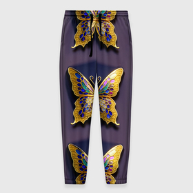 Мужские брюки 3D с принтом Золотая бабочка паттерн в Санкт-Петербурге, 100% полиэстер | манжеты по низу, эластичный пояс регулируется шнурком, по бокам два кармана без застежек, внутренняя часть кармана из мелкой сетки | Тематика изображения на принте: 