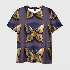 Мужская футболка 3D с принтом Золотая бабочка паттерн в Курске, 100% полиэфир | прямой крой, круглый вырез горловины, длина до линии бедер | Тематика изображения на принте: 