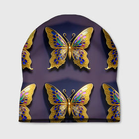 Шапка 3D с принтом Золотая бабочка паттерн в Санкт-Петербурге, 100% полиэстер | универсальный размер, печать по всей поверхности изделия | Тематика изображения на принте: 