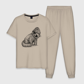 Мужская пижама хлопок с принтом Малая панда хипстер в Санкт-Петербурге, 100% хлопок | брюки и футболка прямого кроя, без карманов, на брюках мягкая резинка на поясе и по низу штанин
 | 