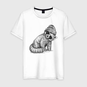 Мужская футболка хлопок с принтом Малая панда хипстер в Санкт-Петербурге, 100% хлопок | прямой крой, круглый вырез горловины, длина до линии бедер, слегка спущенное плечо. | 