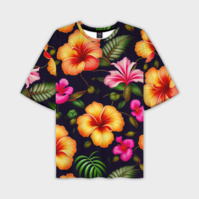 Мужская футболка oversize 3D с принтом Гавайские цветы узор в Тюмени,  |  | Тематика изображения на принте: 