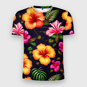 Мужская футболка 3D Slim с принтом Гавайские цветы узор в Белгороде, 100% полиэстер с улучшенными характеристиками | приталенный силуэт, круглая горловина, широкие плечи, сужается к линии бедра | Тематика изображения на принте: 