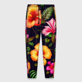 Мужские брюки 3D с принтом Гавайские цветы узор в Петрозаводске, 100% полиэстер | манжеты по низу, эластичный пояс регулируется шнурком, по бокам два кармана без застежек, внутренняя часть кармана из мелкой сетки | 
