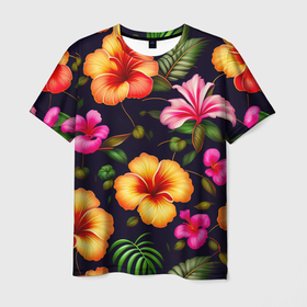 Мужская футболка 3D с принтом Гавайские цветы узор в Тюмени, 100% полиэфир | прямой крой, круглый вырез горловины, длина до линии бедер | Тематика изображения на принте: 