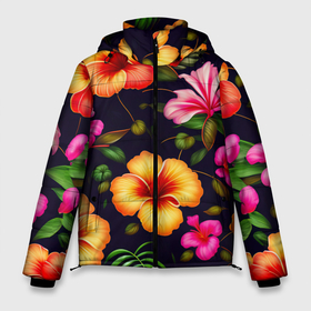 Мужская зимняя куртка 3D с принтом Гавайские цветы узор в Тюмени, верх — 100% полиэстер; подкладка — 100% полиэстер; утеплитель — 100% полиэстер | длина ниже бедра, свободный силуэт Оверсайз. Есть воротник-стойка, отстегивающийся капюшон и ветрозащитная планка. 

Боковые карманы с листочкой на кнопках и внутренний карман на молнии. | Тематика изображения на принте: 