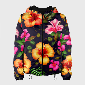 Женская куртка 3D с принтом Гавайские цветы узор в Тюмени, ткань верха — 100% полиэстер, подклад — флис | прямой крой, подол и капюшон оформлены резинкой с фиксаторами, два кармана без застежек по бокам, один большой потайной карман на груди. Карман на груди застегивается на липучку | 