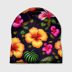 Шапка 3D с принтом Гавайские цветы узор в Тюмени, 100% полиэстер | универсальный размер, печать по всей поверхности изделия | Тематика изображения на принте: 