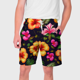 Мужские шорты 3D с принтом Гавайские цветы узор в Тюмени,  полиэстер 100% | прямой крой, два кармана без застежек по бокам. Мягкая трикотажная резинка на поясе, внутри которой широкие завязки. Длина чуть выше колен | Тематика изображения на принте: 