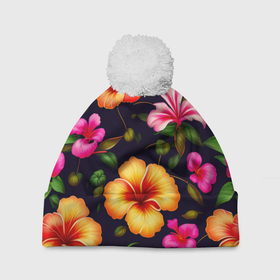 Шапка 3D c помпоном с принтом Гавайские цветы узор в Белгороде, 100% полиэстер | универсальный размер, печать по всей поверхности изделия | Тематика изображения на принте: 