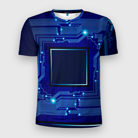 Мужская футболка 3D Slim с принтом Технический синий паттерн в Санкт-Петербурге, 100% полиэстер с улучшенными характеристиками | приталенный силуэт, круглая горловина, широкие плечи, сужается к линии бедра | 
