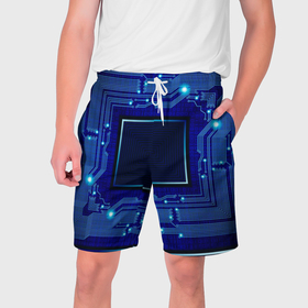 Мужские шорты 3D с принтом Технический синий паттерн в Санкт-Петербурге,  полиэстер 100% | прямой крой, два кармана без застежек по бокам. Мягкая трикотажная резинка на поясе, внутри которой широкие завязки. Длина чуть выше колен | 