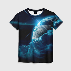 Женская футболка 3D с принтом Космос и сияющая планета в Кировске, 100% полиэфир ( синтетическое хлопкоподобное полотно) | прямой крой, круглый вырез горловины, длина до линии бедер | 