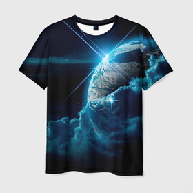 Мужская футболка 3D с принтом Космос и сияющая планета в Екатеринбурге, 100% полиэфир | прямой крой, круглый вырез горловины, длина до линии бедер | 