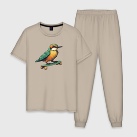Мужская пижама хлопок с принтом Птица катается на скейте в Кировске, 100% хлопок | брюки и футболка прямого кроя, без карманов, на брюках мягкая резинка на поясе и по низу штанин
 | 