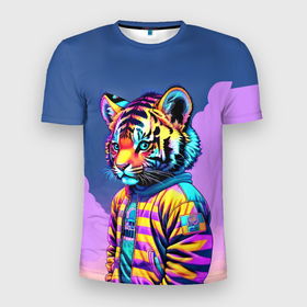Мужская футболка 3D Slim с принтом Cool tiger cub   pop art в Санкт-Петербурге, 100% полиэстер с улучшенными характеристиками | приталенный силуэт, круглая горловина, широкие плечи, сужается к линии бедра | Тематика изображения на принте: 