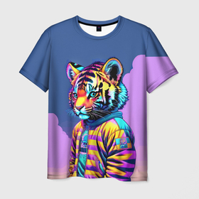 Мужская футболка 3D с принтом Cool tiger cub   pop art в Кировске, 100% полиэфир | прямой крой, круглый вырез горловины, длина до линии бедер | 