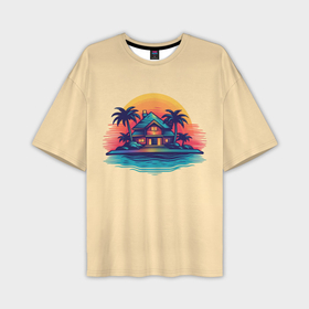 Мужская футболка oversize 3D с принтом Дом и пальмы на фоне заката ,  |  | 