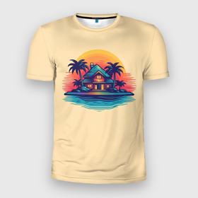 Мужская футболка 3D Slim с принтом Дом и пальмы на фоне заката в Кировске, 100% полиэстер с улучшенными характеристиками | приталенный силуэт, круглая горловина, широкие плечи, сужается к линии бедра | 