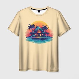 Мужская футболка 3D с принтом Дом и пальмы на фоне заката в Санкт-Петербурге, 100% полиэфир | прямой крой, круглый вырез горловины, длина до линии бедер | Тематика изображения на принте: 