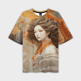 Мужская футболка oversize 3D с принтом Японская девушка и волны океана в Новосибирске,  |  | Тематика изображения на принте: 