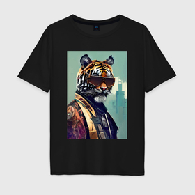 Мужская футболка хлопок Oversize с принтом Чувак тигр в тёмных очках   босс   нейросеть в Новосибирске, 100% хлопок | свободный крой, круглый ворот, “спинка” длиннее передней части | Тематика изображения на принте: 