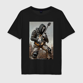 Мужская футболка хлопок Oversize с принтом Уличный рок гитарист   скелет   нейросеть в Санкт-Петербурге, 100% хлопок | свободный крой, круглый ворот, “спинка” длиннее передней части | 