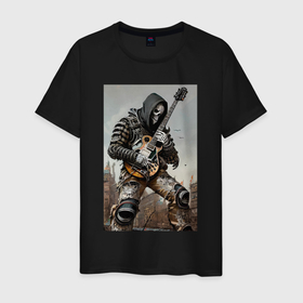 Мужская футболка хлопок с принтом Уличный рок гитарист   скелет   нейросеть в Тюмени, 100% хлопок | прямой крой, круглый вырез горловины, длина до линии бедер, слегка спущенное плечо. | Тематика изображения на принте: 