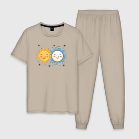 Мужская пижама хлопок с принтом Солнце и луна со звездочками в Новосибирске, 100% хлопок | брюки и футболка прямого кроя, без карманов, на брюках мягкая резинка на поясе и по низу штанин
 | 