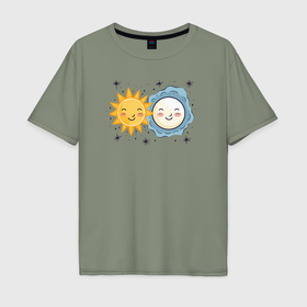 Мужская футболка хлопок Oversize с принтом Солнце и луна со звездочками в Новосибирске, 100% хлопок | свободный крой, круглый ворот, “спинка” длиннее передней части | 