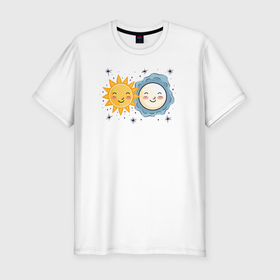 Мужская футболка хлопок Slim с принтом Солнце и луна со звездочками в Санкт-Петербурге, 92% хлопок, 8% лайкра | приталенный силуэт, круглый вырез ворота, длина до линии бедра, короткий рукав | 