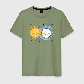 Мужская футболка хлопок с принтом Солнце и луна со звездочками в Курске, 100% хлопок | прямой крой, круглый вырез горловины, длина до линии бедер, слегка спущенное плечо. | 