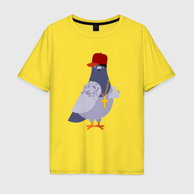 Мужская футболка хлопок Oversize с принтом Крутой голубь в кепке показывает fk в Петрозаводске, 100% хлопок | свободный крой, круглый ворот, “спинка” длиннее передней части | 