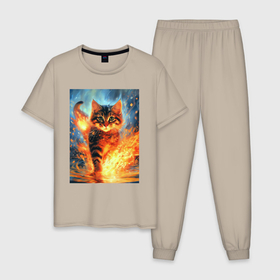 Мужская пижама хлопок с принтом Кот пушистый с огнем в Петрозаводске, 100% хлопок | брюки и футболка прямого кроя, без карманов, на брюках мягкая резинка на поясе и по низу штанин
 | 