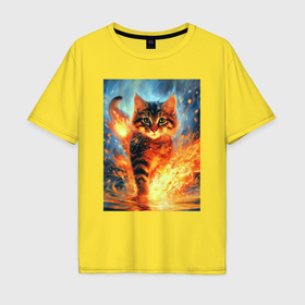 Мужская футболка хлопок Oversize с принтом Кот пушистый с огнем в Екатеринбурге, 100% хлопок | свободный крой, круглый ворот, “спинка” длиннее передней части | 