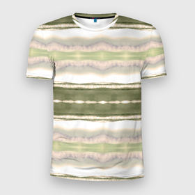 Мужская футболка 3D Slim с принтом Тай дай полосы в оливковых тонах в Екатеринбурге, 100% полиэстер с улучшенными характеристиками | приталенный силуэт, круглая горловина, широкие плечи, сужается к линии бедра | 