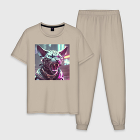Мужская пижама хлопок с принтом Киберкот в стиле киберпанк , 100% хлопок | брюки и футболка прямого кроя, без карманов, на брюках мягкая резинка на поясе и по низу штанин
 | Тематика изображения на принте: 