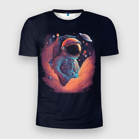 Мужская футболка 3D Slim с принтом Космонавт в космических облаках в Белгороде, 100% полиэстер с улучшенными характеристиками | приталенный силуэт, круглая горловина, широкие плечи, сужается к линии бедра | 
