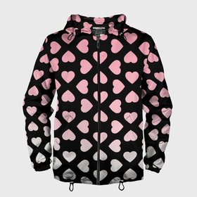 Мужская ветровка 3D с принтом Розовые сердечки на чёрном в Белгороде, 100% полиэстер | подол и капюшон оформлены резинкой с фиксаторами, два кармана без застежек по бокам, один потайной карман на груди | Тематика изображения на принте: 