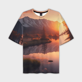 Мужская футболка oversize 3D с принтом Закат на горном озере в Новосибирске,  |  | Тематика изображения на принте: 