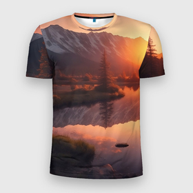 Мужская футболка 3D Slim с принтом Закат на горном озере в Тюмени, 100% полиэстер с улучшенными характеристиками | приталенный силуэт, круглая горловина, широкие плечи, сужается к линии бедра | Тематика изображения на принте: 