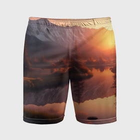 Мужские шорты спортивные с принтом Закат на горном озере в Тюмени,  |  | Тематика изображения на принте: 
