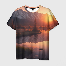 Мужская футболка 3D с принтом Закат на горном озере , 100% полиэфир | прямой крой, круглый вырез горловины, длина до линии бедер | 