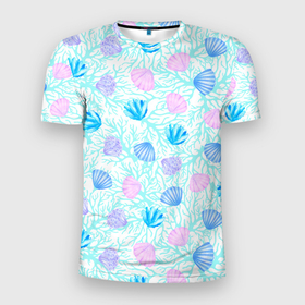 Мужская футболка 3D Slim с принтом Ракушки и кораллы в Тюмени, 100% полиэстер с улучшенными характеристиками | приталенный силуэт, круглая горловина, широкие плечи, сужается к линии бедра | 