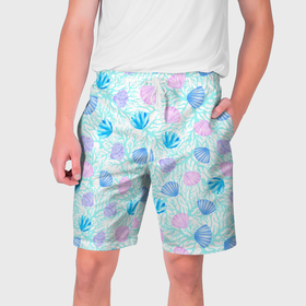 Мужские шорты 3D с принтом Ракушки и кораллы в Тюмени,  полиэстер 100% | прямой крой, два кармана без застежек по бокам. Мягкая трикотажная резинка на поясе, внутри которой широкие завязки. Длина чуть выше колен | 