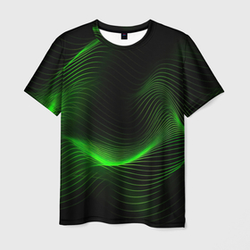 Мужская футболка 3D с принтом Зеленая абстракция на черном фоне в Курске, 100% полиэфир | прямой крой, круглый вырез горловины, длина до линии бедер | Тематика изображения на принте: 