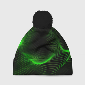 Шапка 3D c помпоном с принтом Зеленая абстракция на черном фоне в Санкт-Петербурге, 100% полиэстер | универсальный размер, печать по всей поверхности изделия | 